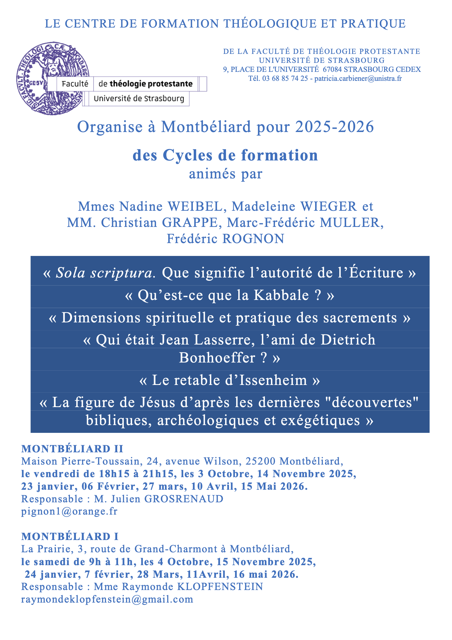 Programme de la formation continue de théologie à Montbéliard, année 2025-2026