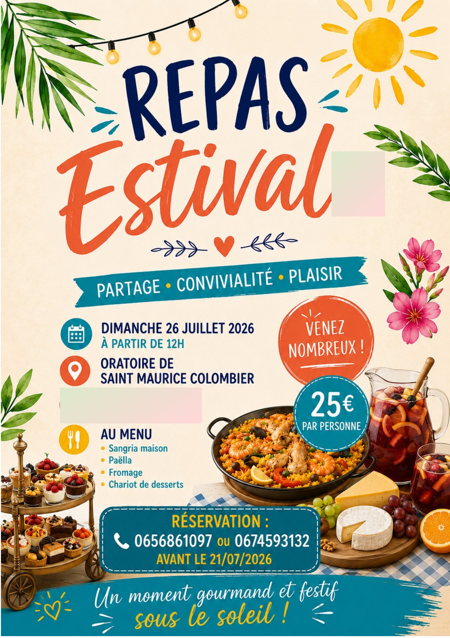 Affiche du repas estival paroissial du dimanche 26 juillet 2026 à l’oratoire de Saint-Maurice-Colombier